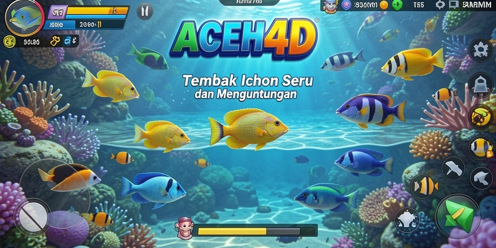 Screenshot gameplay ACEH4D menampilkan pemain menembak ikan di laut yang penuh warna.