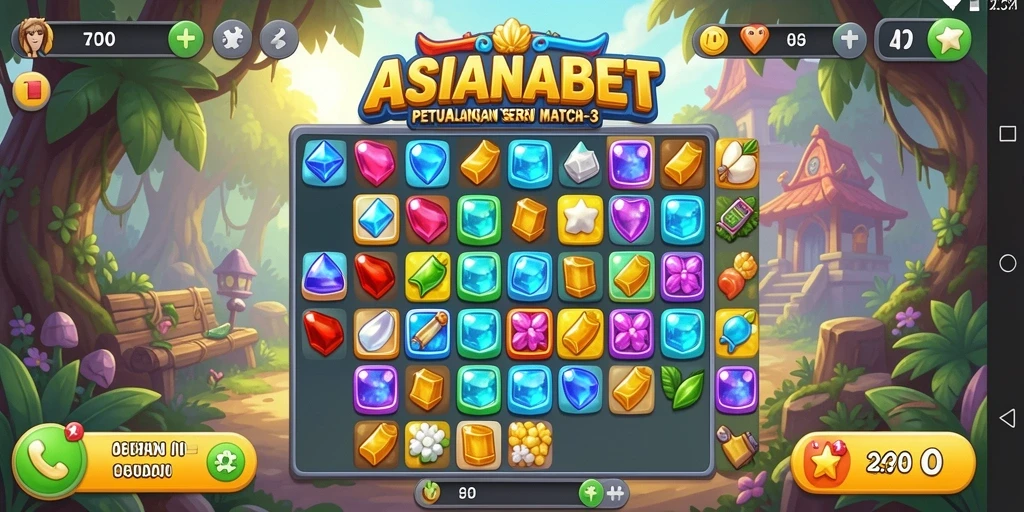 Tampilan gameplay seru ASIANABET dengan batu permata berwarna-warni.