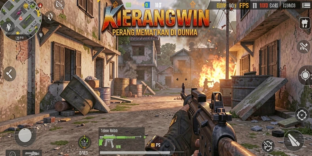Tampilan seru gameplay <strong>KERANGWIN</strong> dengan aksi tembak-menembak yang intens.