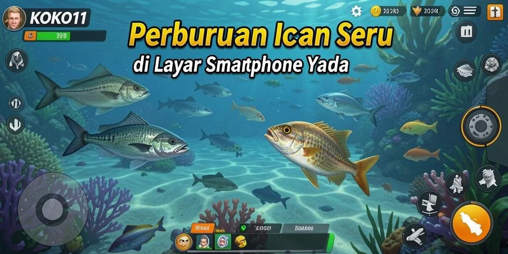 Screenshot KOKO11 menampilkan pemain yang menangkap ikan di danau yang indah.
