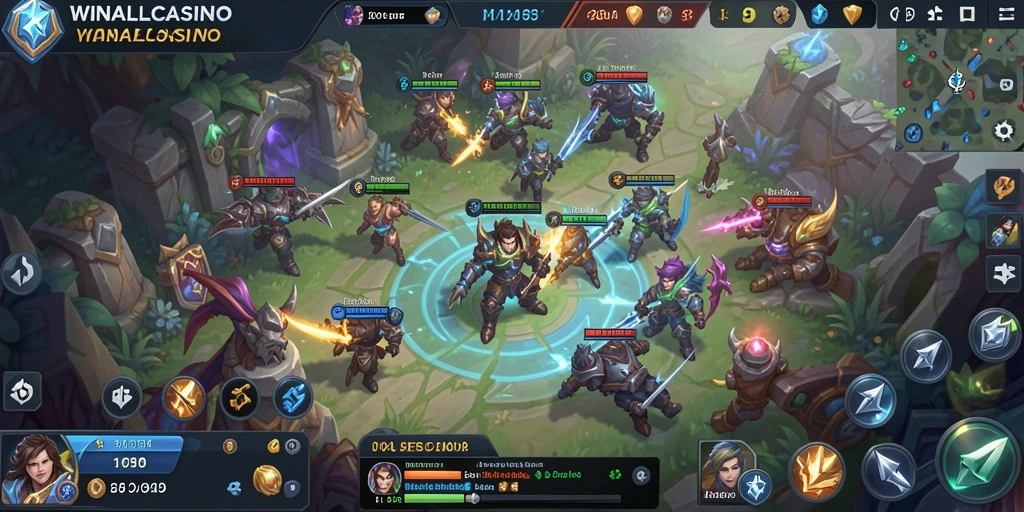 Tampilan gameplay menarik dari WINALLCASINO dalam aksi pertempuran MOBA.